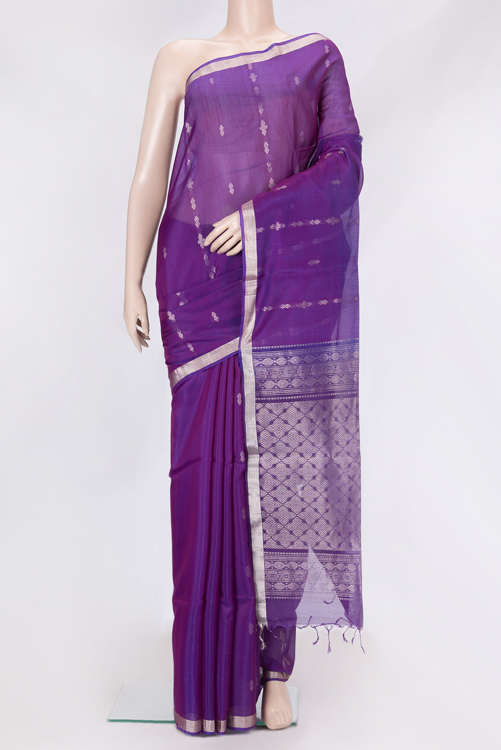 Purple Dual Tone Silk Cotton Saree with Zari Butta on the body and Zari Border.  displayed on a mannequin
