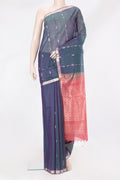 Peacock Blue Dual Tone Silk Cotton Saree with Zari Butta on the body and Zari Border.  displayed on a mannequin