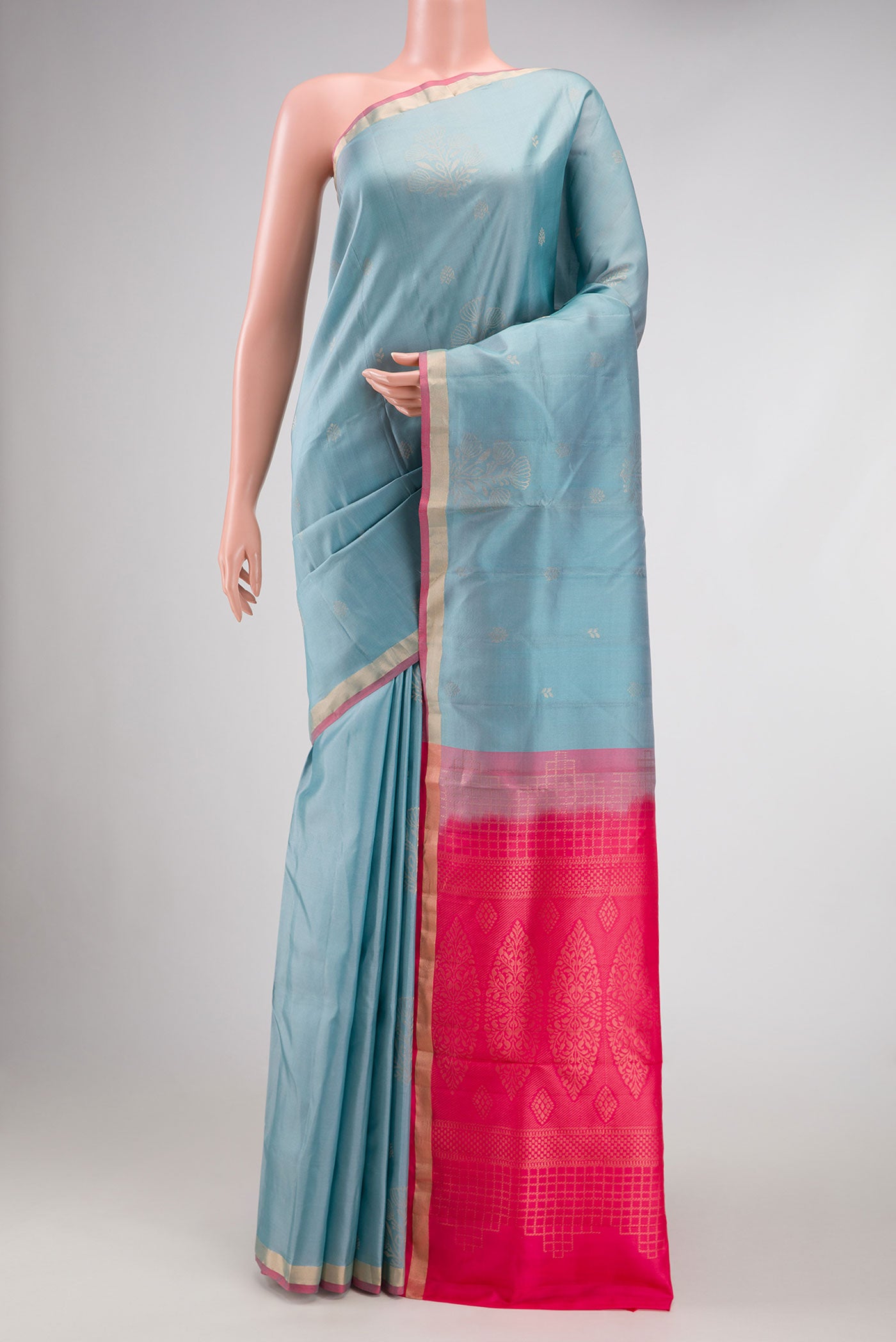 Grey Dual Tone Soft Silk Saree with Zari Butta on the body and Zari Border.  displayed on a mannequin
