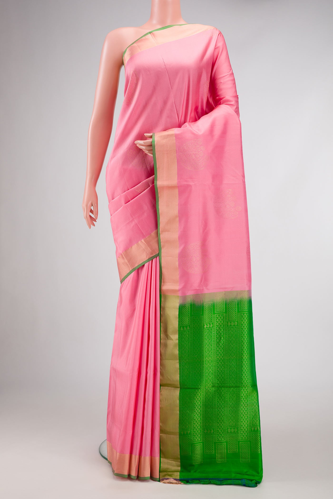 Pink Dual Tone Soft Silk Saree with Zari Butta on the body and Zari Border.  displayed on a mannequin