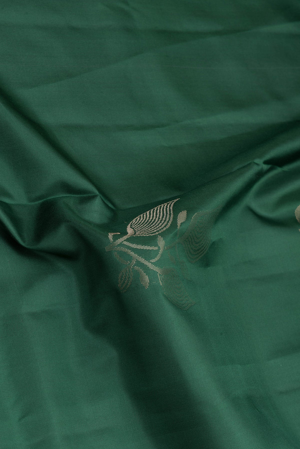 Close up of Bottle Green Soft Silk Saree with Zari Butta on the body and Plain Border.  displaying folds