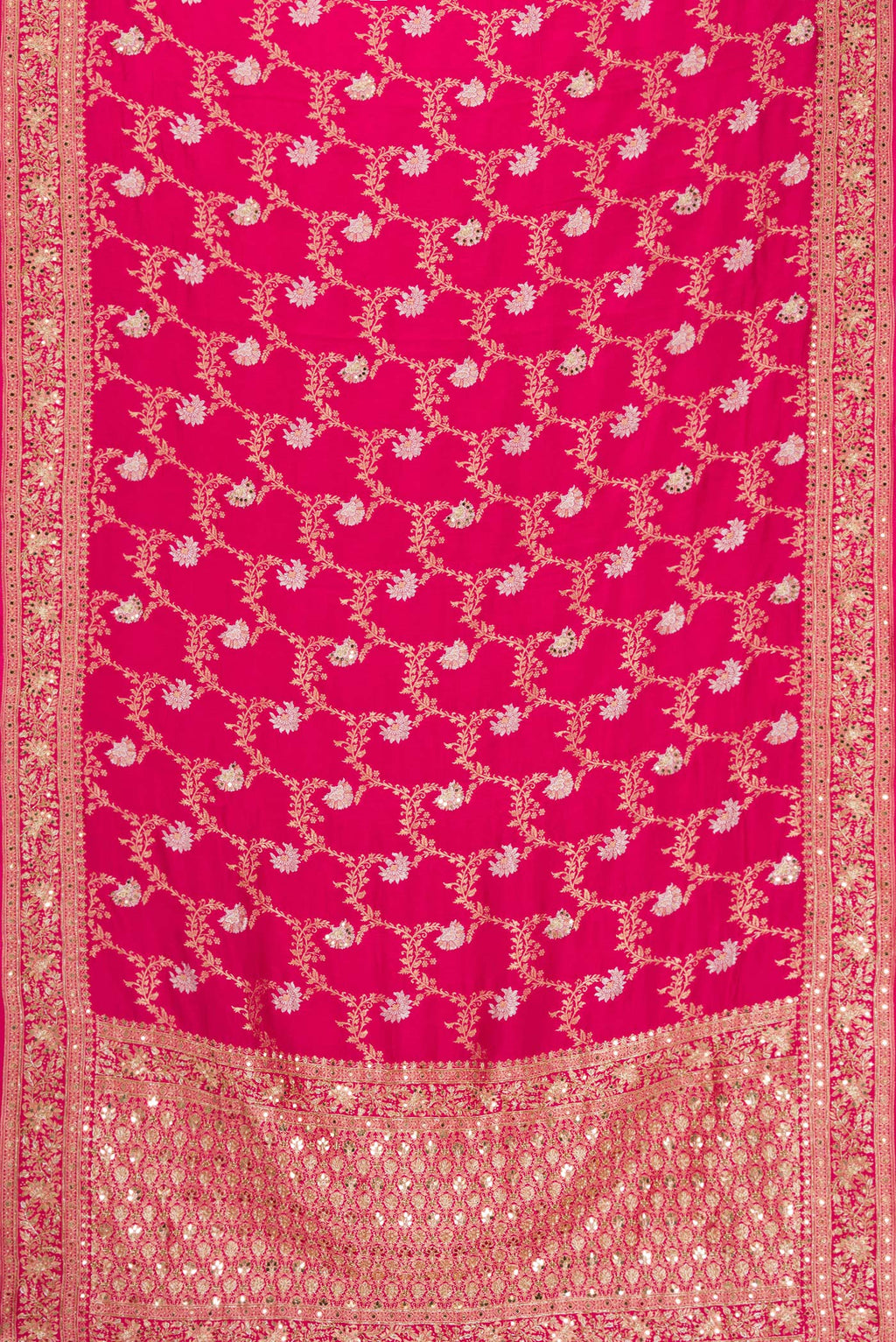 Flat view of Pink Dual Tone Georgette Saree with Zari Brocade on the body and Embroidery Border. 