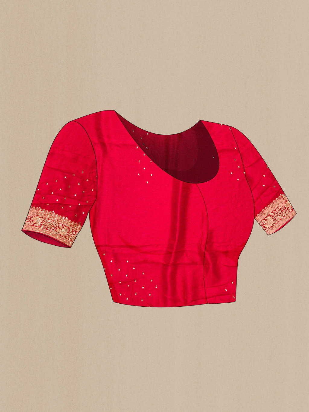 Close up image of the blouse of Red Dual Tone Georgette Saree with Zari Brocade on the body and Embroidery Border. 