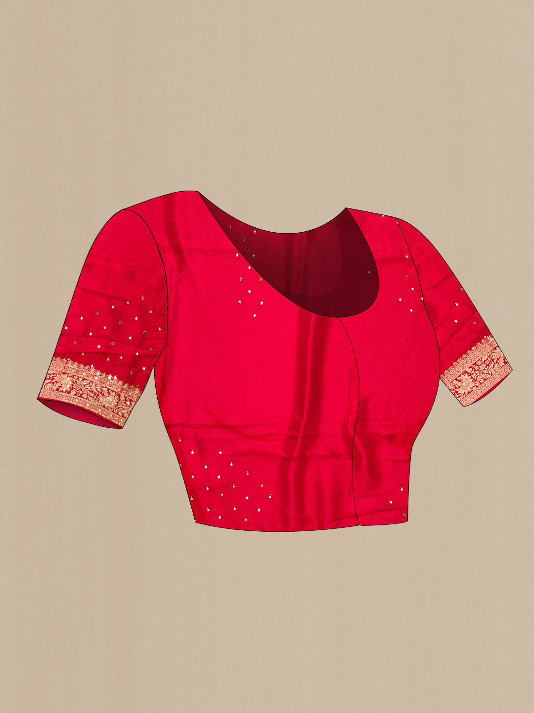 Close up image of the blouse of Red Dual Tone Georgette Saree with Zari Brocade on the body and Embroidery Border. 