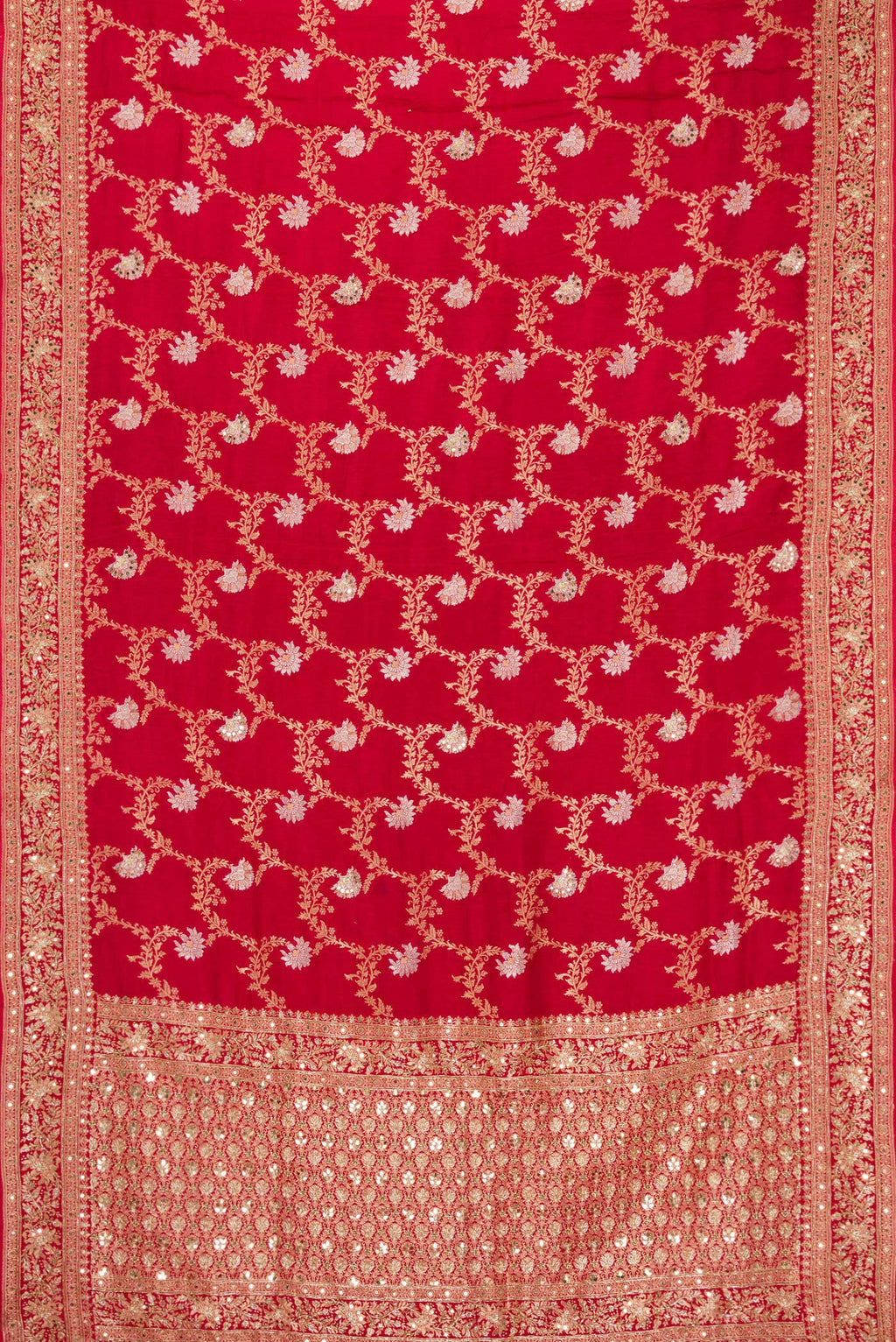 Flat view of Red Dual Tone Georgette Saree with Zari Brocade on the body and Embroidery Border. 