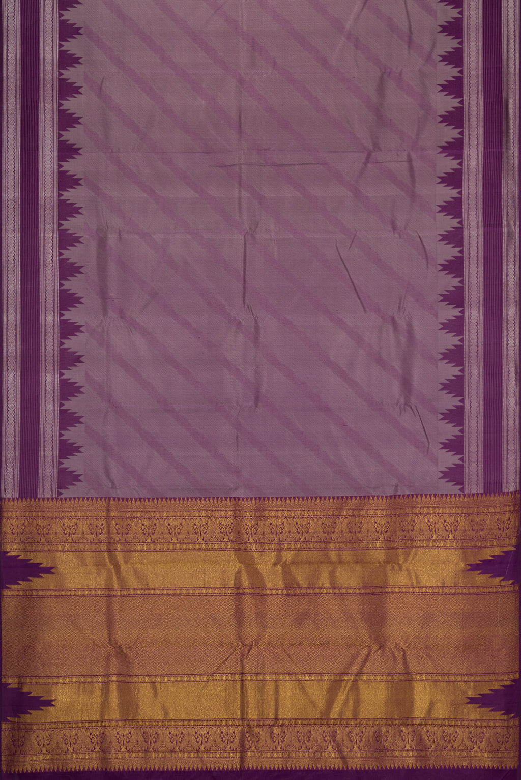 Flat view of Burgundy Dual Tone Kanchipuram Silk Saree with Jacquard design on the body and Temple Border. 
