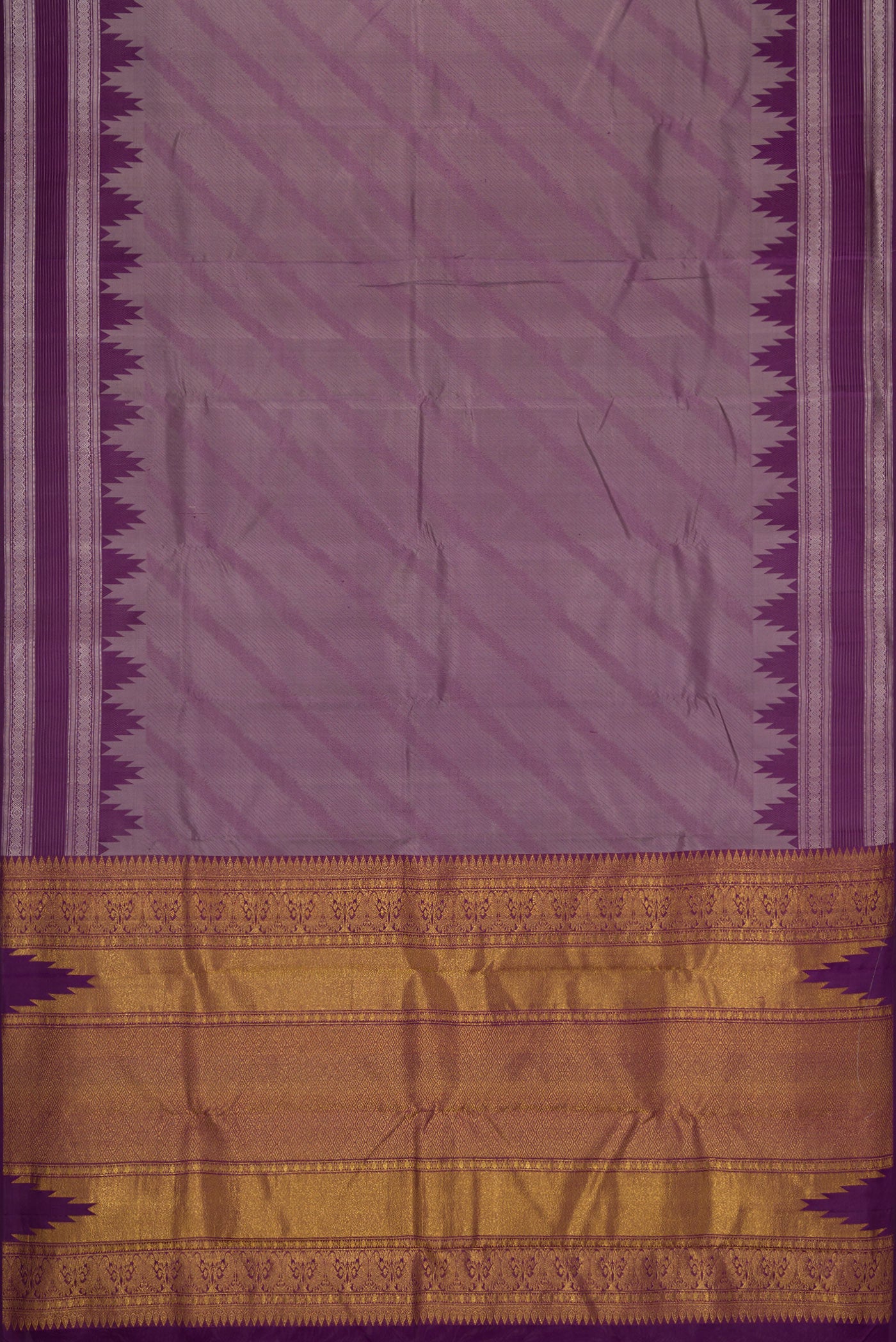 Flat view of Burgundy Dual Tone Kanchipuram Silk Saree with Jacquard design on the body and Temple Border. 