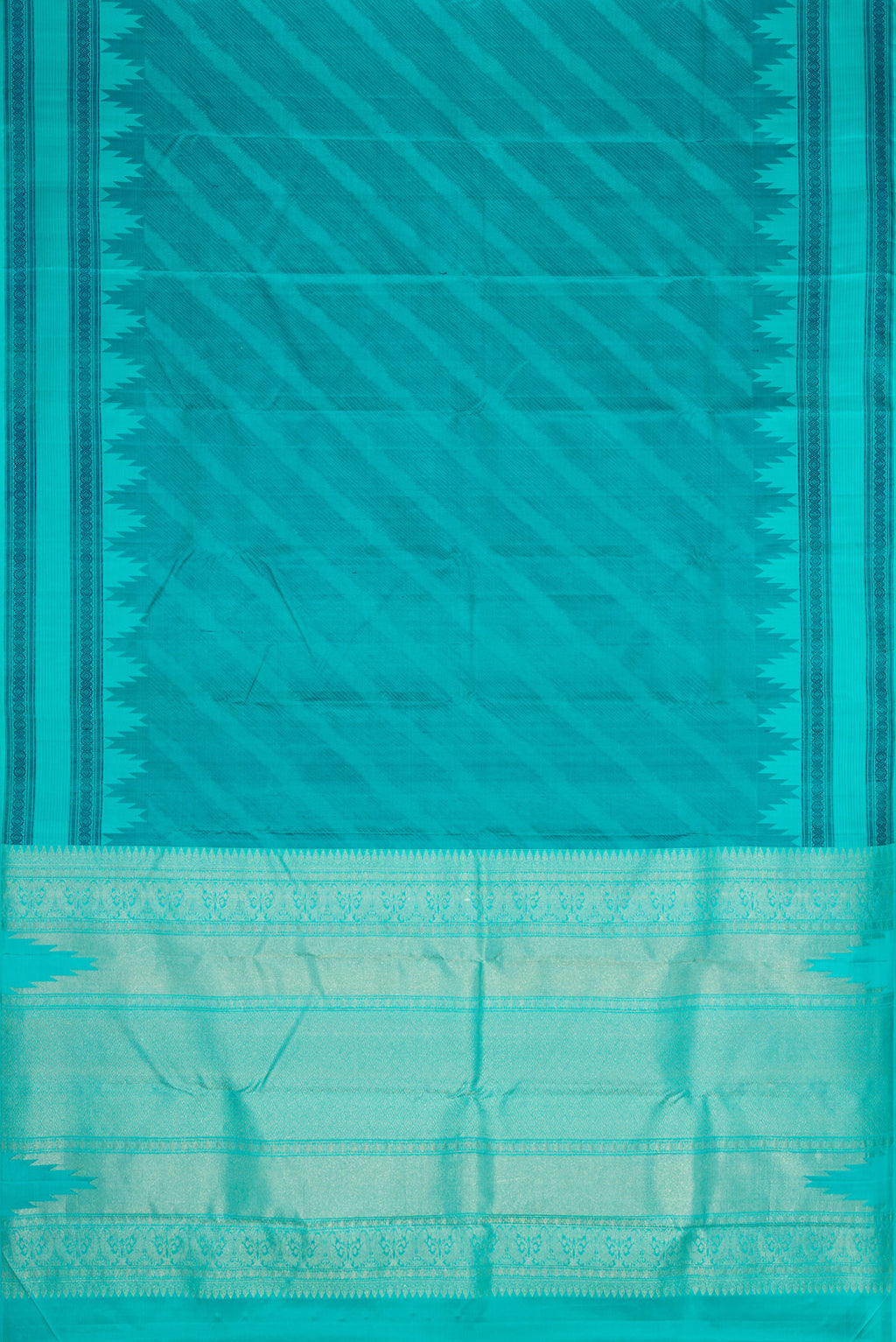 Flat view of Sky Blue Dual Tone Kanchipuram Silk Saree with Jacquard design on the body and Temple Border. 