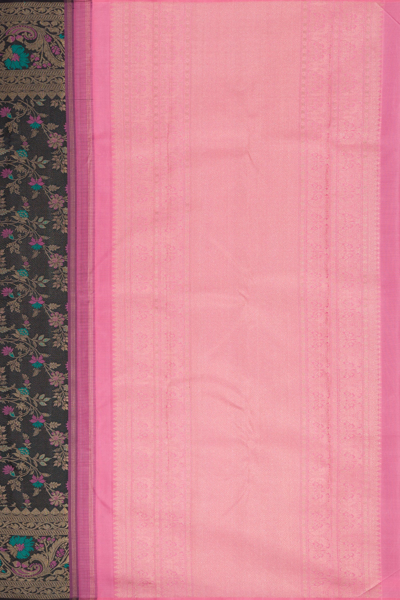 Close up image of the pallu of Black Dual Tone Kanchipuram Silk Saree with Zari Brocade on the body and Fancy Border. 