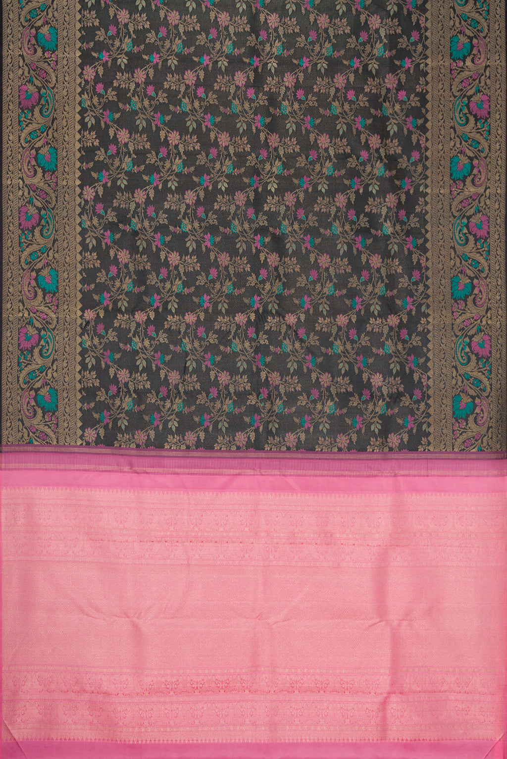 Flat view of Black Dual Tone Kanchipuram Silk Saree with Zari Brocade on the body and Fancy Border. 