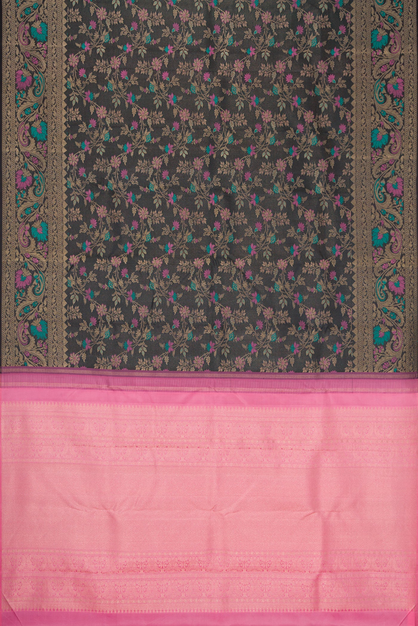 Flat view of Black Dual Tone Kanchipuram Silk Saree with Zari Brocade on the body and Fancy Border. 