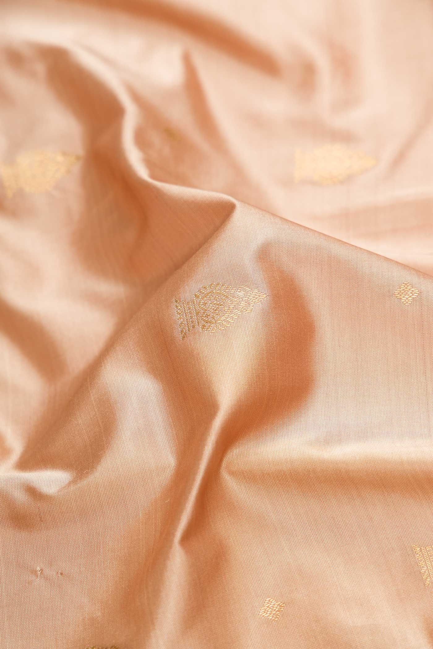 Close up of Beige Dual Tone Kanchipuram Silk Saree with Zari Butta on the body and Temple Border.  displaying folds