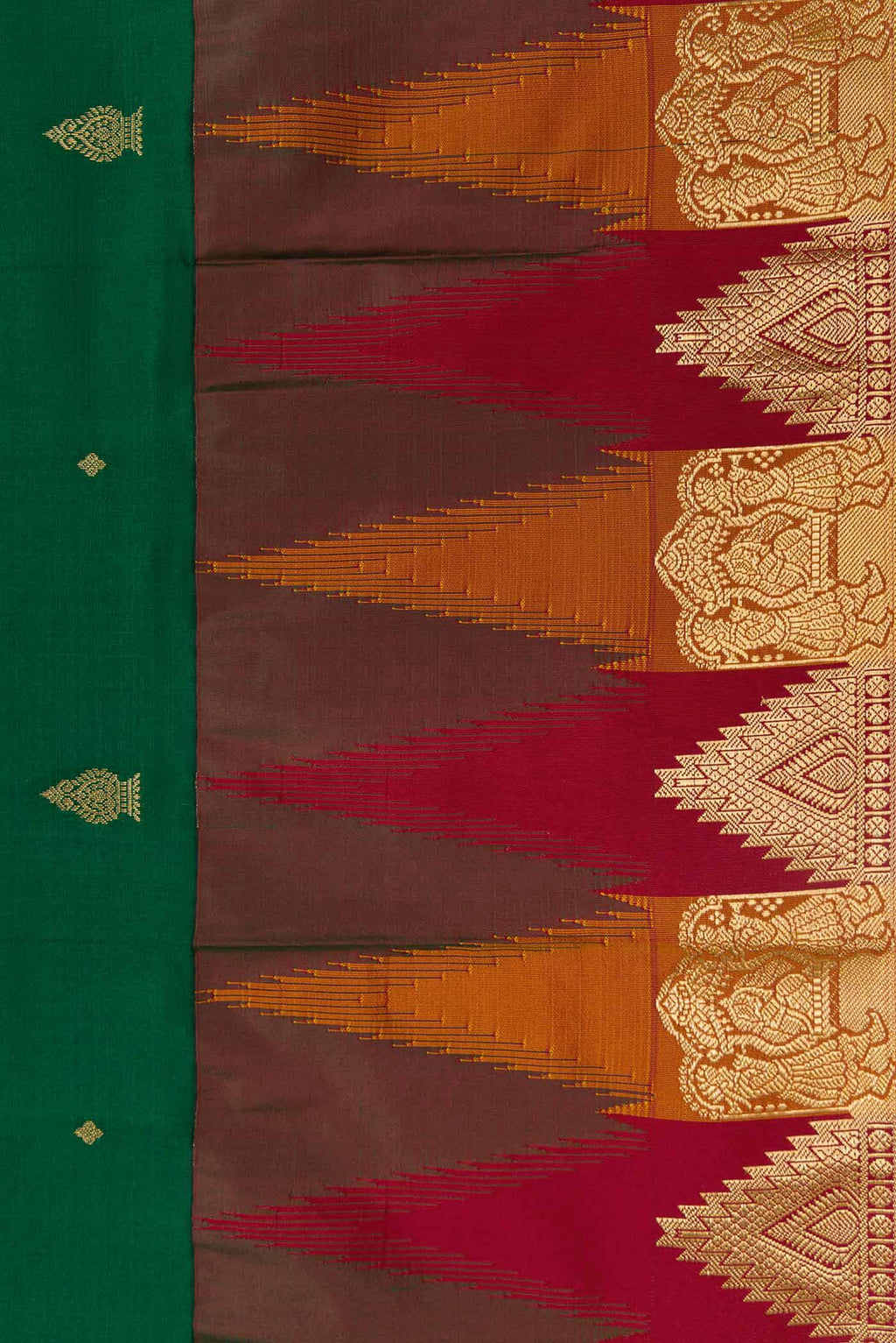 Border image of Bottle Green Dual Tone Kanchipuram Silk Saree with Zari Butta on the body and Temple Border. 