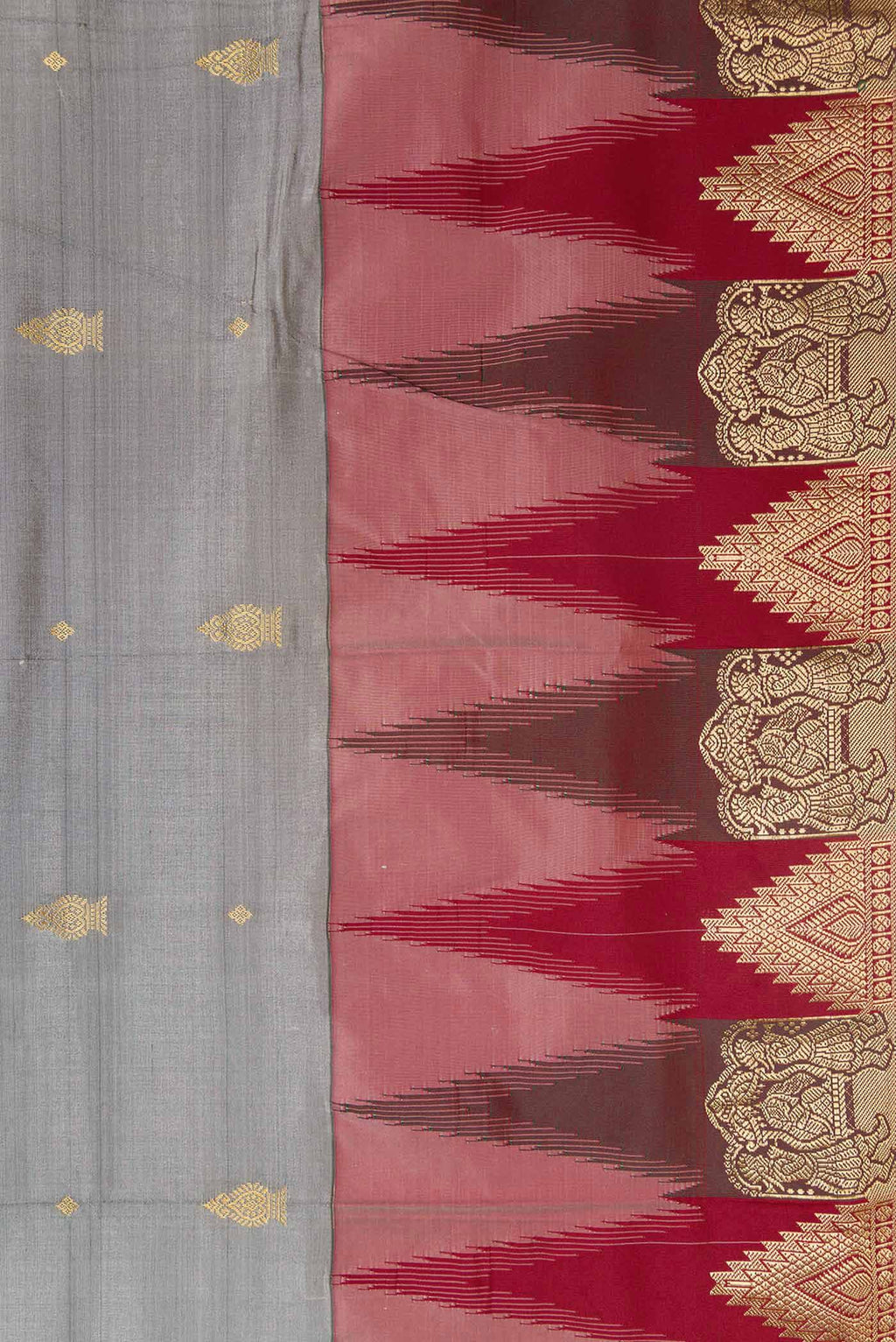 Border image of Grey Dual Tone Kanchipuram Silk Saree with Zari Butta on the body and Temple Border. 