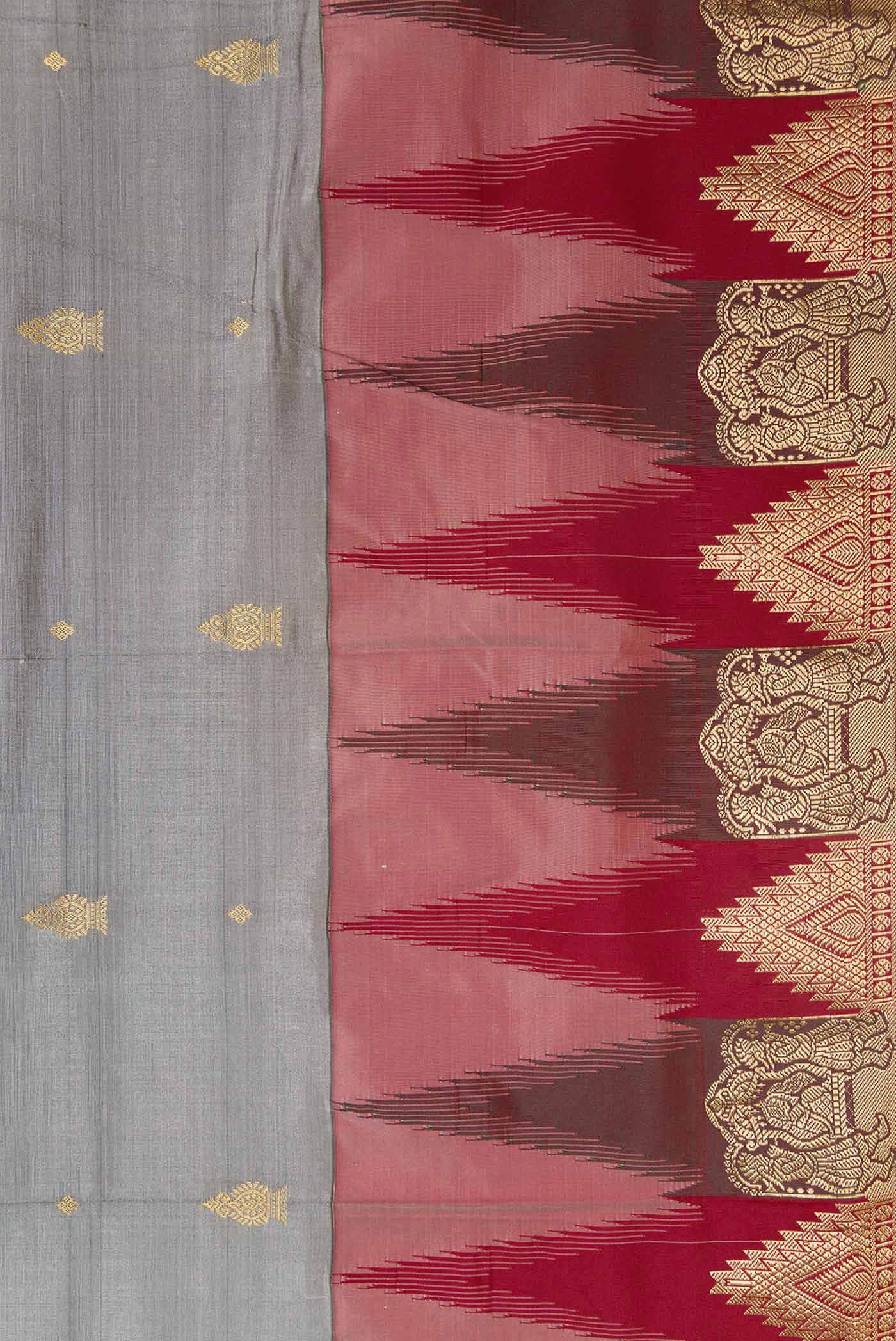 Border image of Grey Dual Tone Kanchipuram Silk Saree with Zari Butta on the body and Temple Border. 