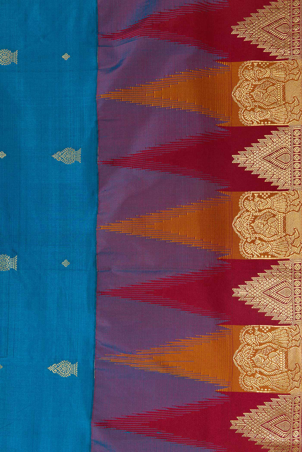 Border image of Peacock Blue Dual Tone Kanchipuram Silk Saree with Zari Butta on the body and Temple Border. 