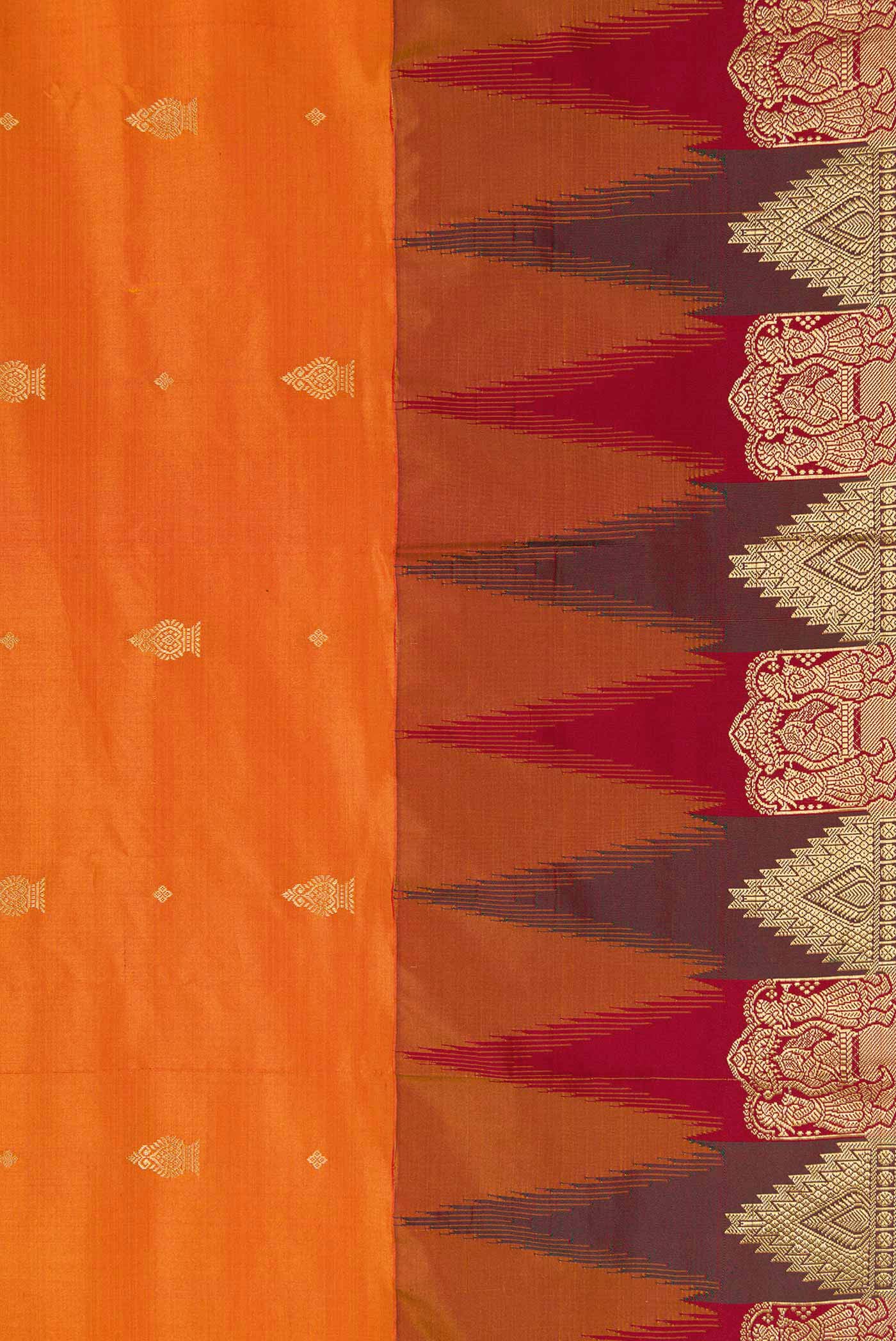 Border image of Mustard Dual Tone Kanchipuram Silk Saree with Zari Butta on the body and Temple Border. 