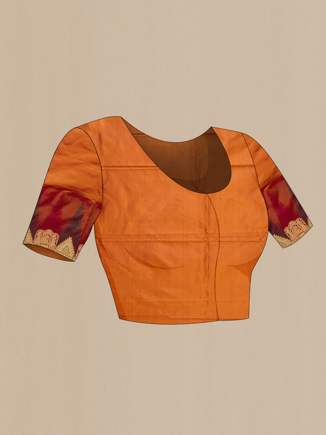 Close up image of the blouse of Red Dual Tone Kanchipuram Silk Saree with Zari Butta on the body and Temple Border. 