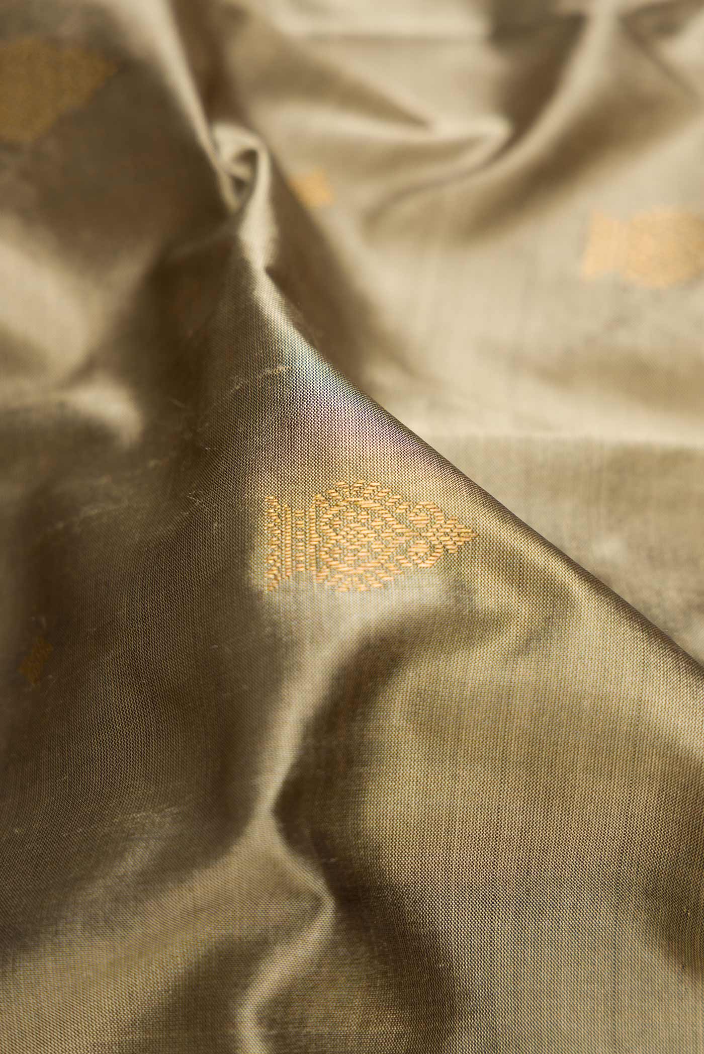 Close up of Grey Dual Tone Kanchipuram Silk Saree with Zari Butta on the body and Temple Border.  displaying folds
