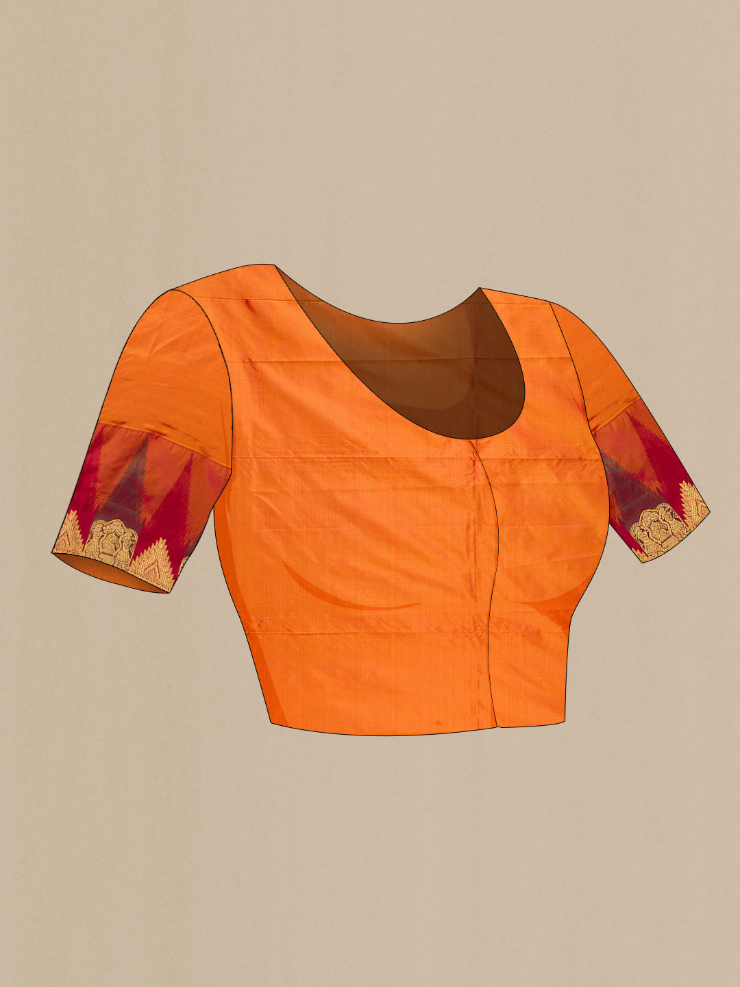 Close up image of the blouse of Red Dual Tone Kanchipuram Silk Saree with Zari Butta on the body and Temple Border. 
