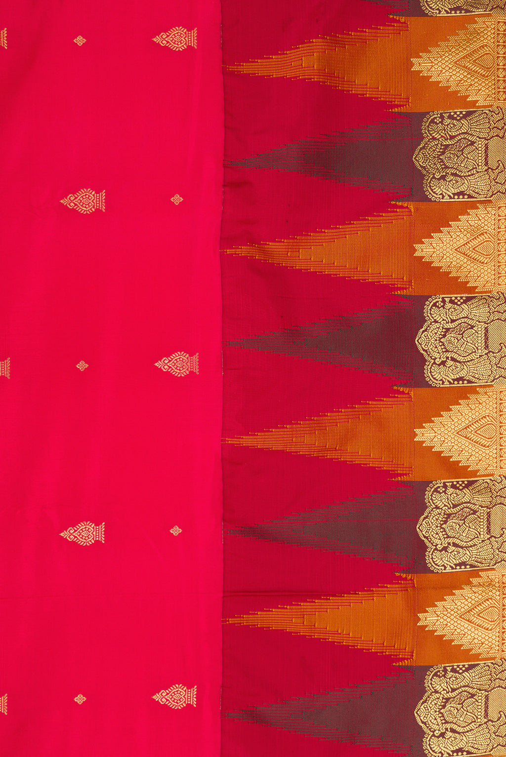 Border image of Red Dual Tone Kanchipuram Silk Saree with Zari Butta on the body and Temple Border. 
