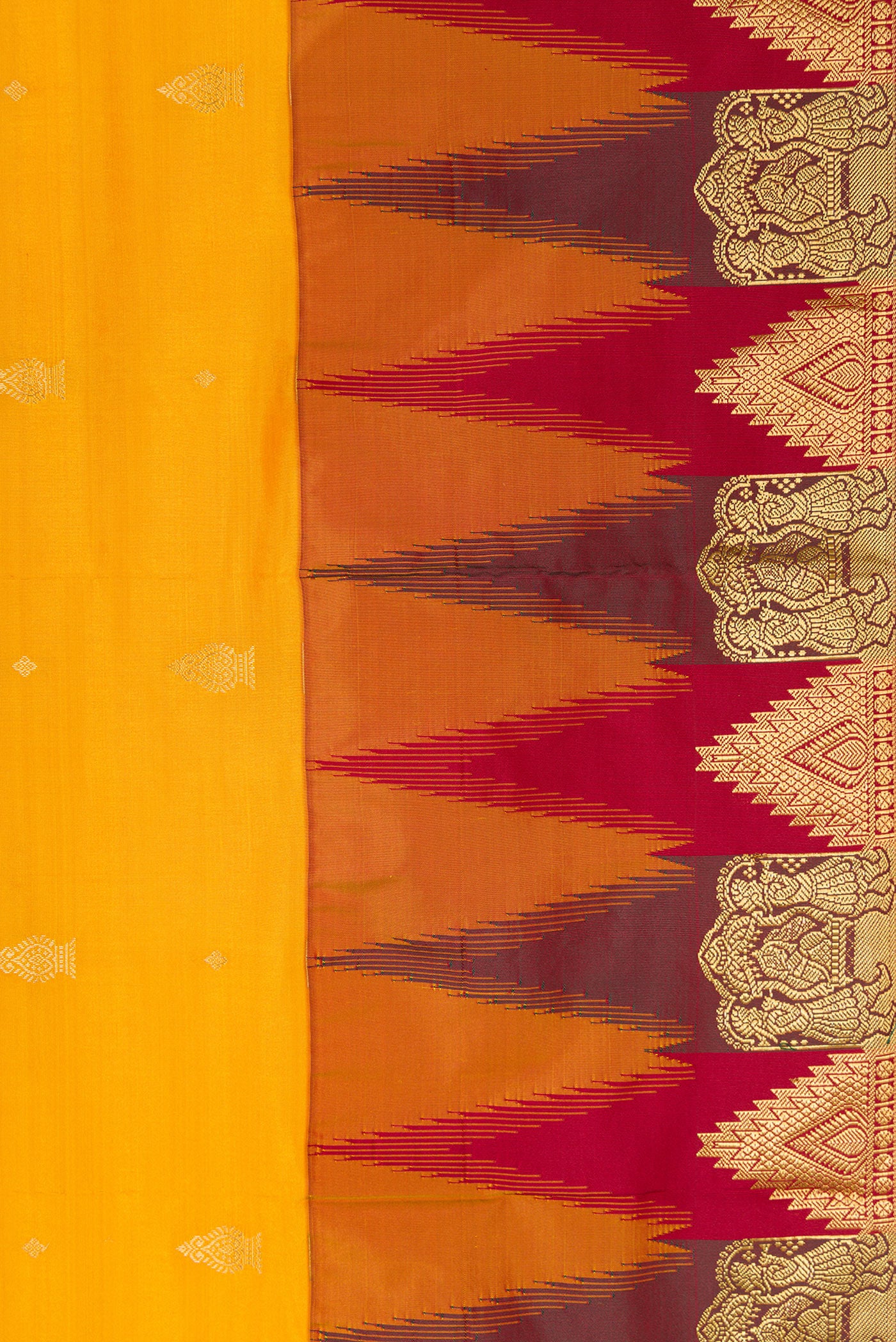 Border image of Mustard Dual Tone Kanchipuram Silk Saree with Zari Butta on the body and Temple Border. 