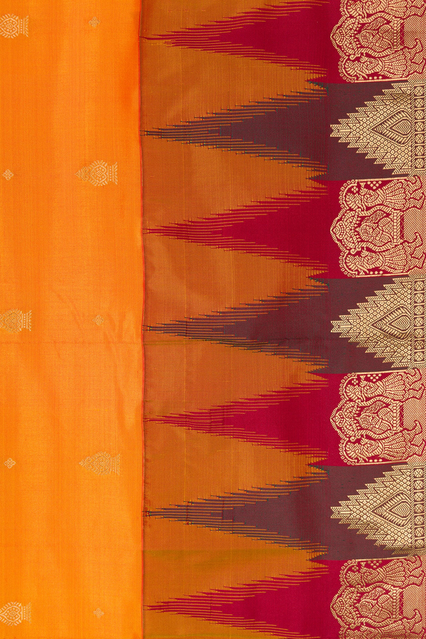 Border image of Mustard Dual Tone Kanchipuram Silk Saree with Zari Butta on the body and Temple Border. 