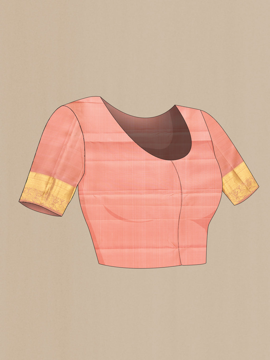 Close up image of the blouse of Rose Gold Dual Tone Kanjivaram Silk Saree with Zari Butta on the body and Zari Border. 