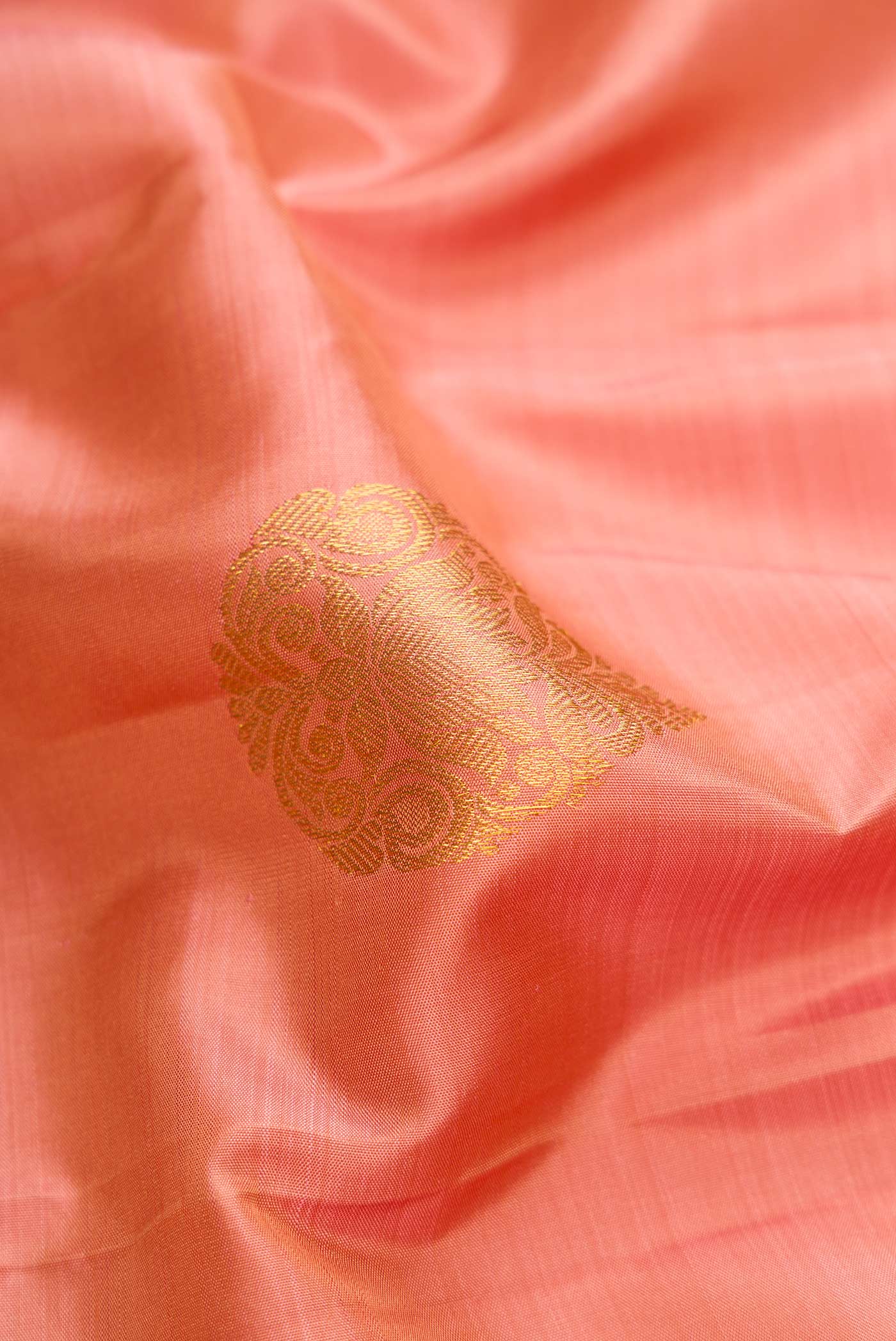 Close up of Rose Gold Dual Tone Kanjivaram Silk Saree with Zari Butta on the body and Zari Border.  displaying folds