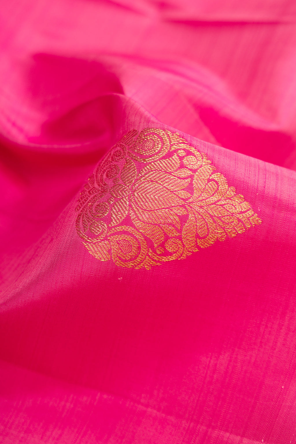 Close up of Pink Dual Tone Kanjivaram Silk Saree with Zari Butta on the body and Zari Border.  displaying folds