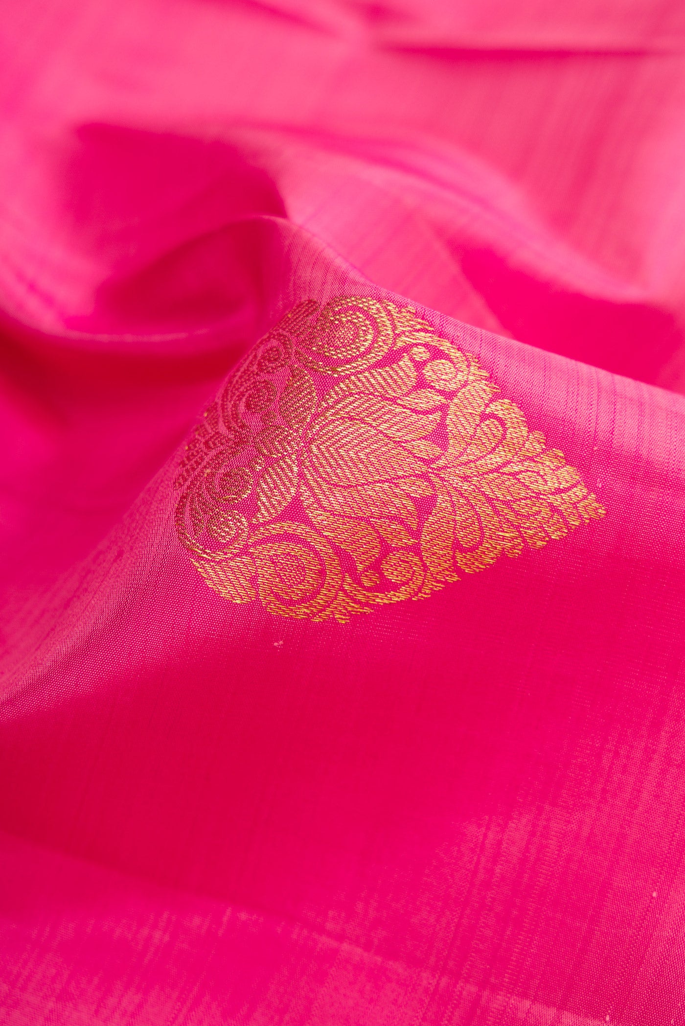Close up of Pink Dual Tone Kanjivaram Silk Saree with Zari Butta on the body and Zari Border.  displaying folds