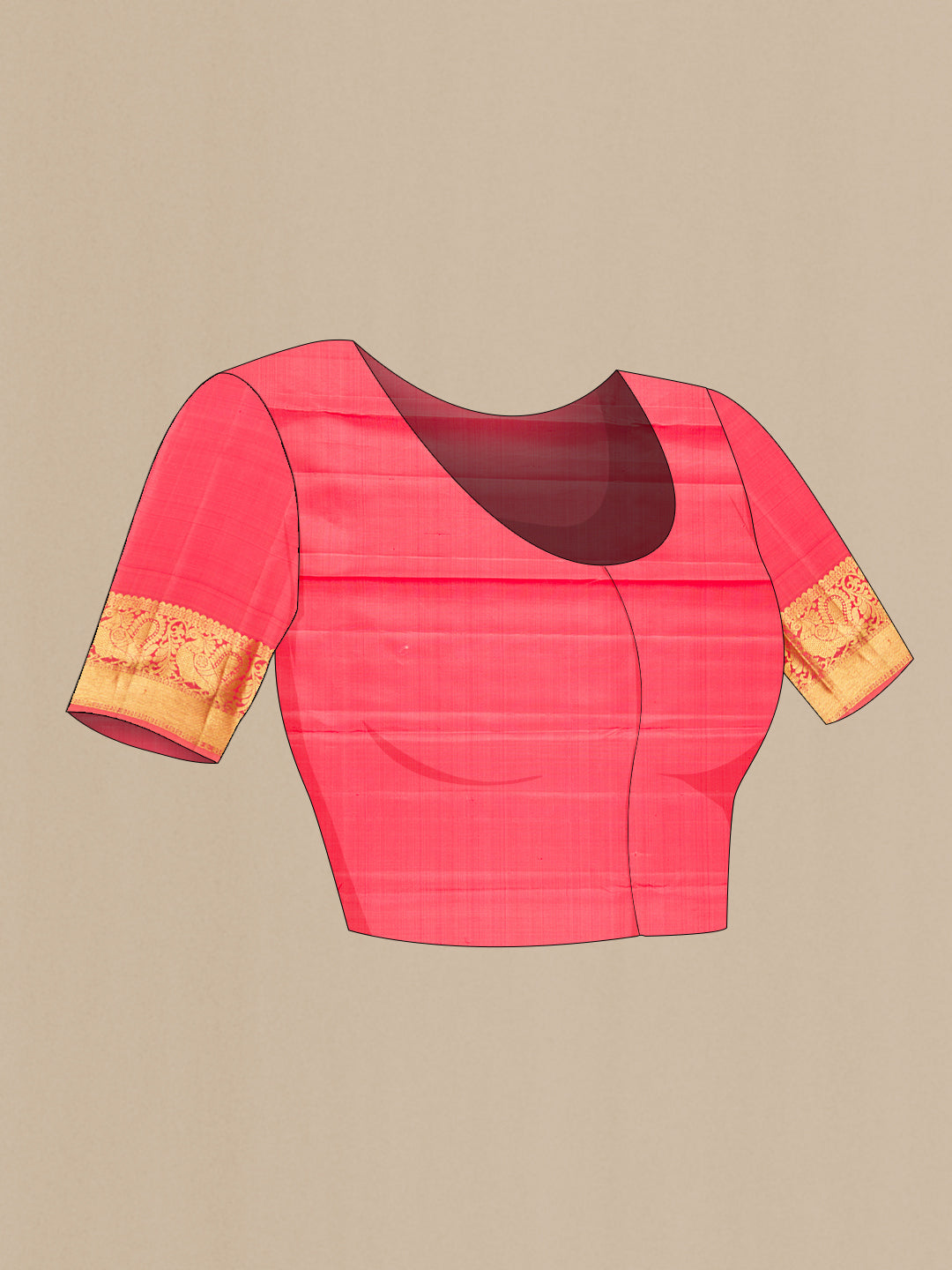 Close up image of the blouse of Pink Kanjivaram Silk Saree with Zari Butta on the body and Zari Border. 