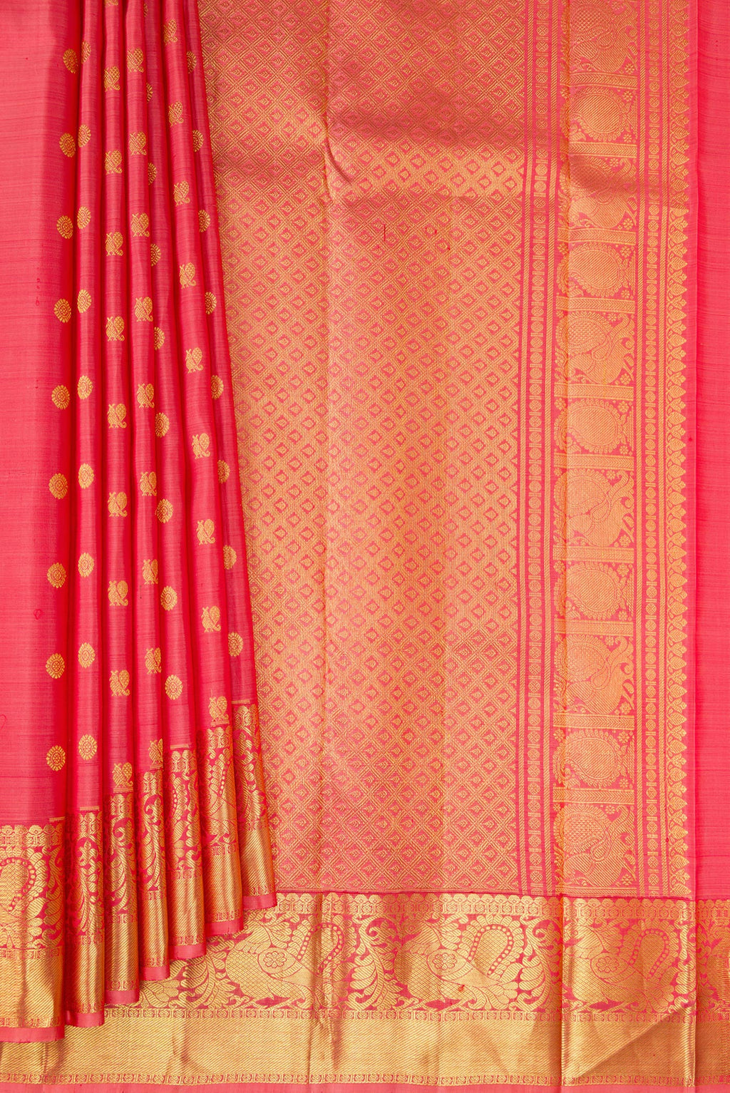 Pleats and pallu of Pink Kanjivaram Silk Saree with Zari Butta on the body and Zari Border. 