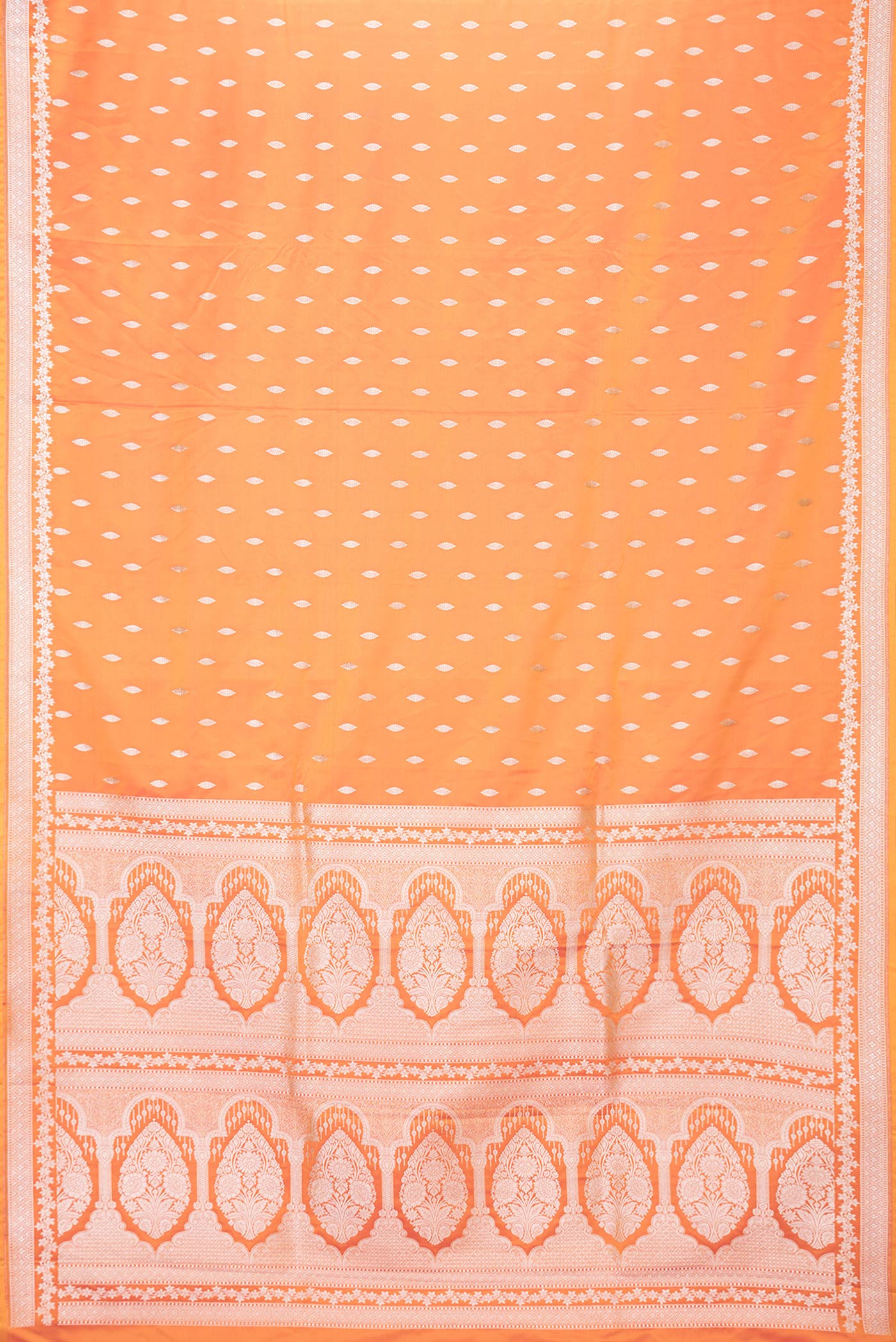 Flat view of Orange Dual Tone Blended Banarasi Silk Saree with Zari Butta on the body and Zari Border. 