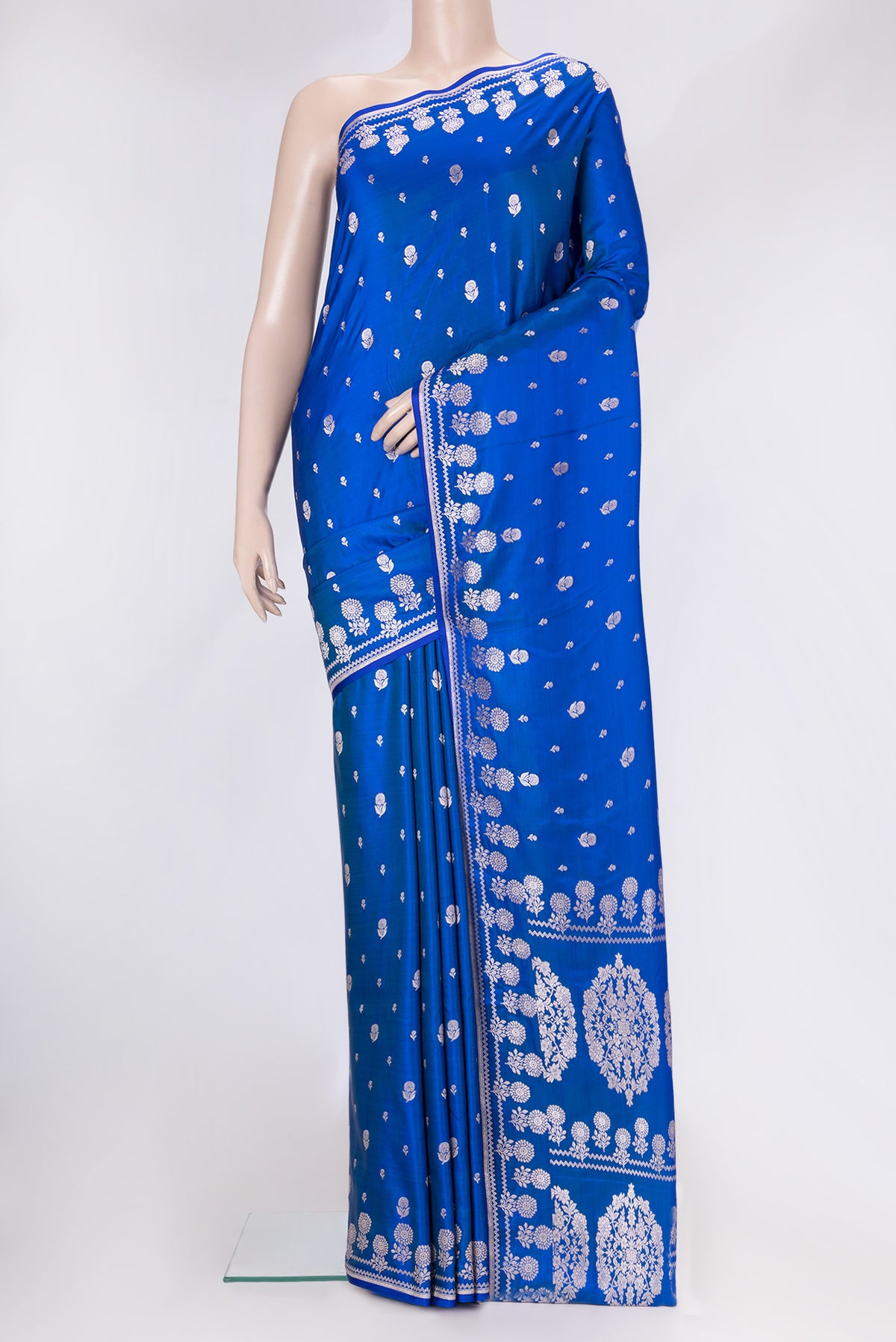 Royal Blue Dual Tone Blended Banarasi Silk Saree with Zari Butta on the body and Zari Border.  displayed on a mannequin