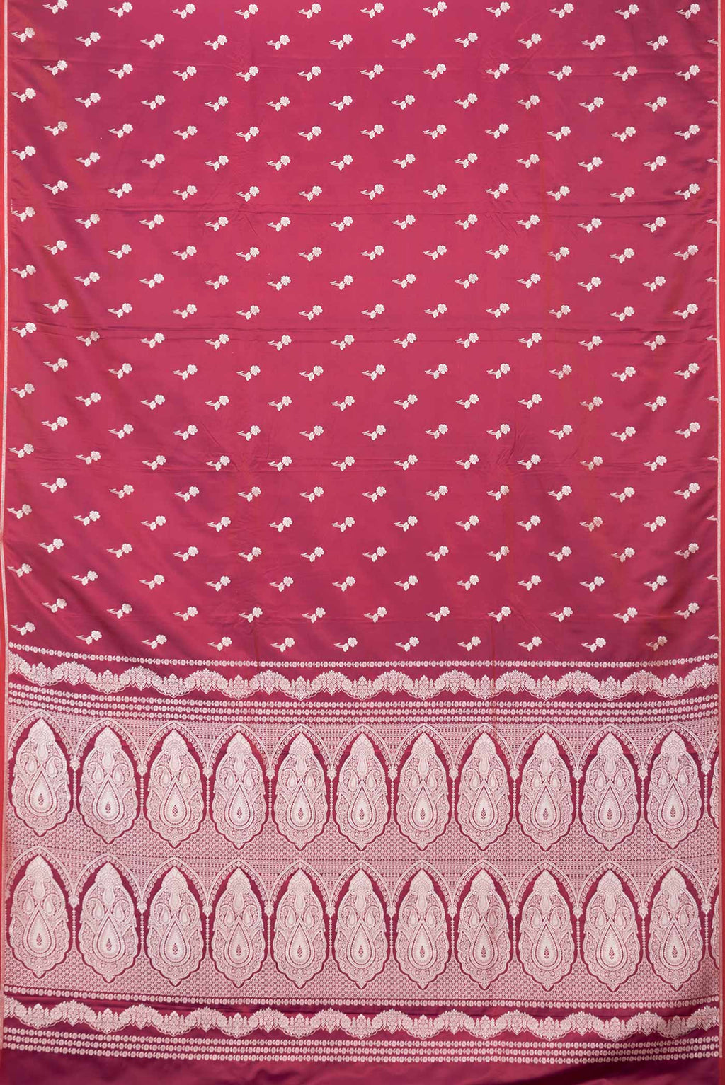 Flat view of Maroon Dual Tone Blended Banarasi Silk Saree with Zari Butta on the body and Zari Border. 