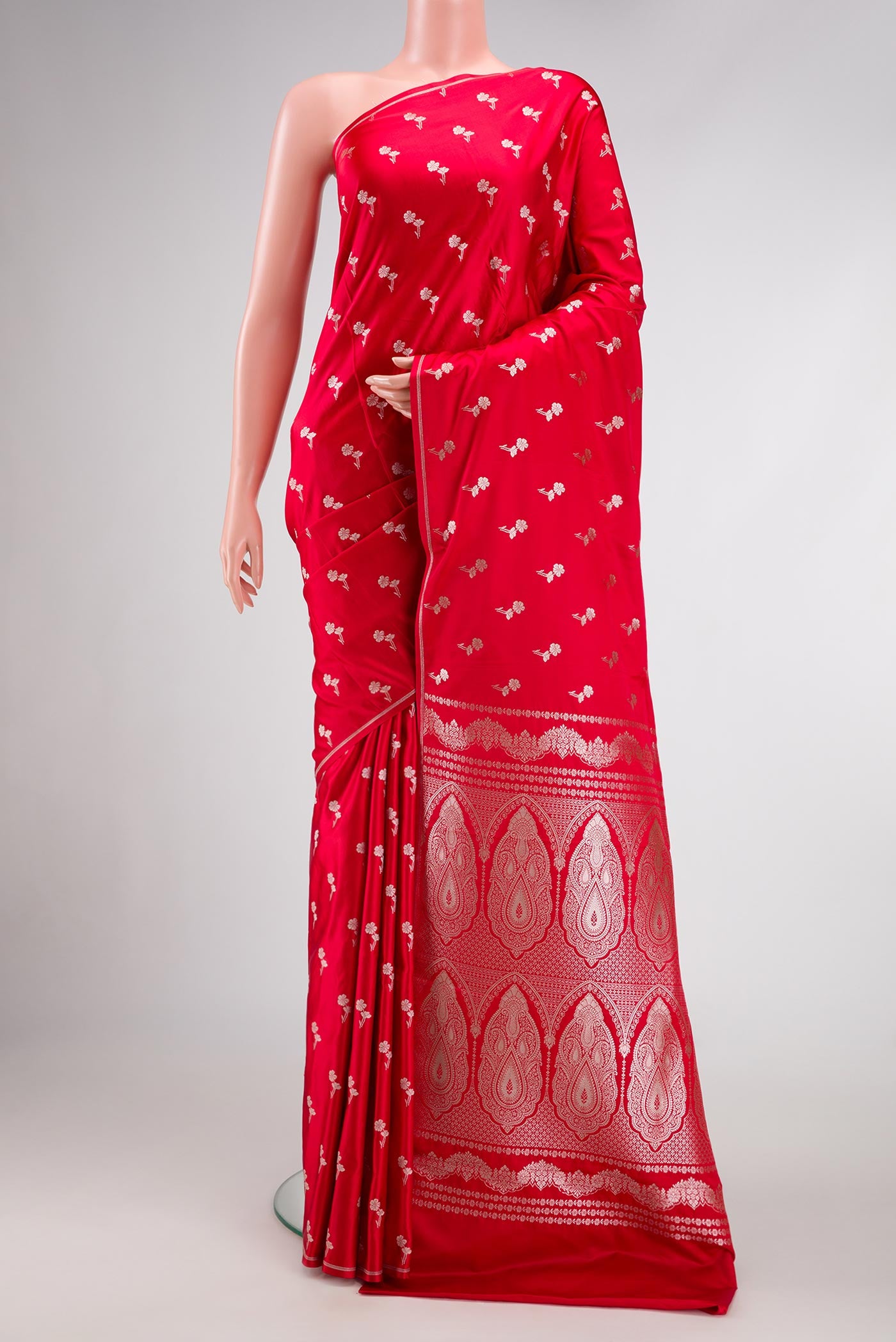 Red Dual Tone Blended Banarasi Silk Saree with Zari Butta on the body and Zari Border.  displayed on a mannequin