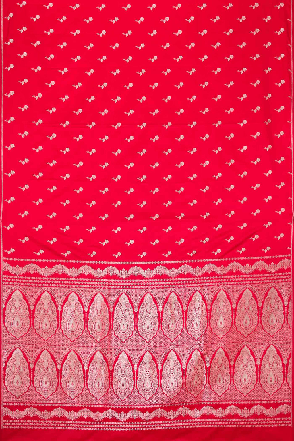 Flat view of Red Dual Tone Blended Banarasi Silk Saree with Zari Butta on the body and Zari Border. 
