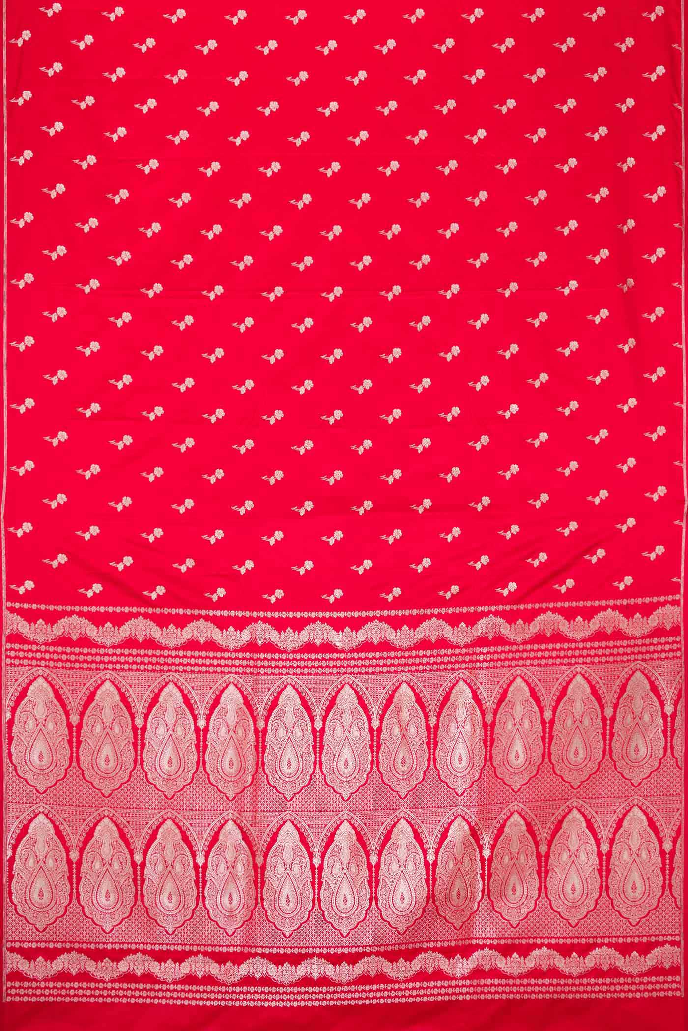 Flat view of Red Dual Tone Blended Banarasi Silk Saree with Zari Butta on the body and Zari Border. 
