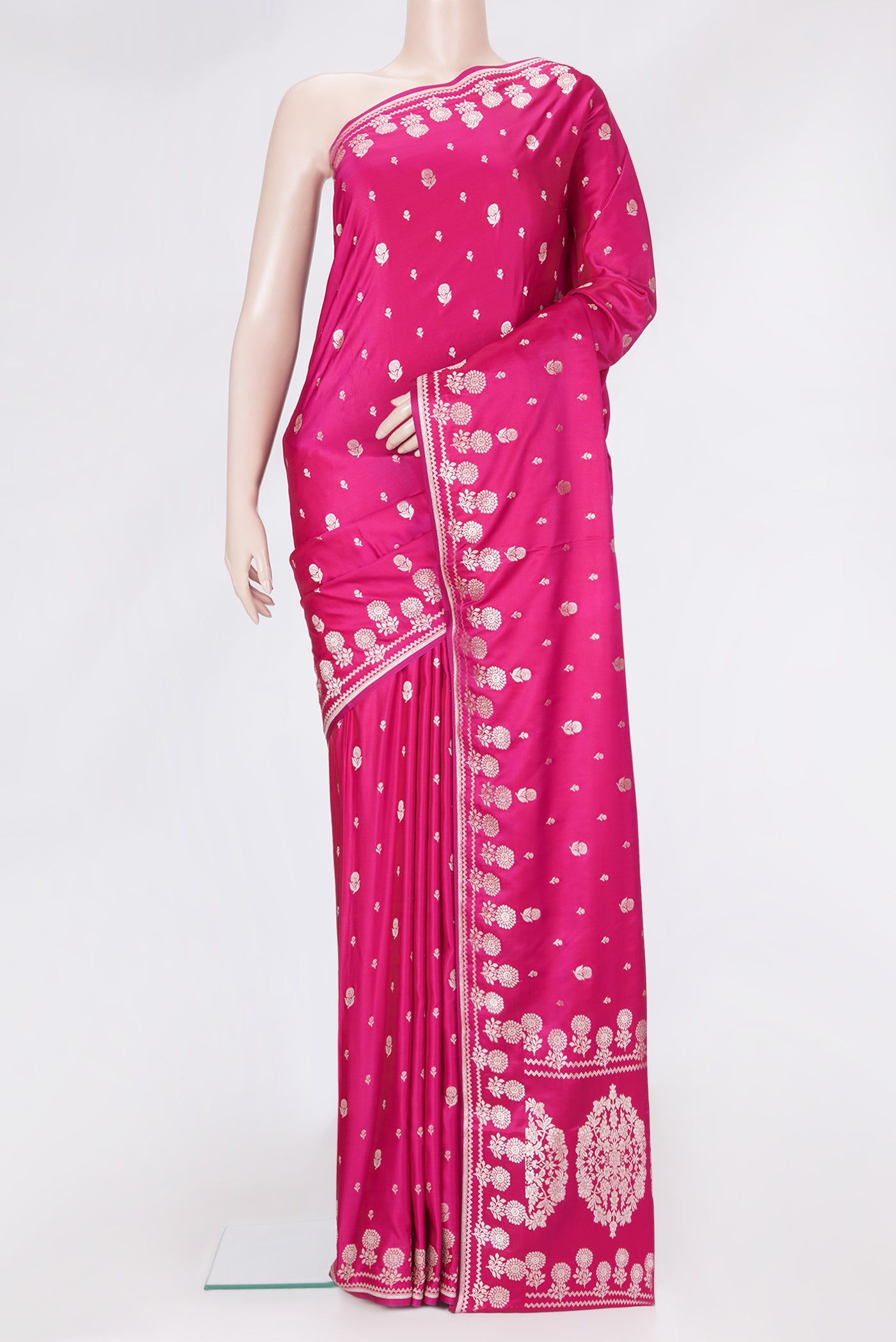 Pink Dual Tone Banarasi Silk Saree with Zari Butta on the body and Fancy Border.  displayed on a mannequin