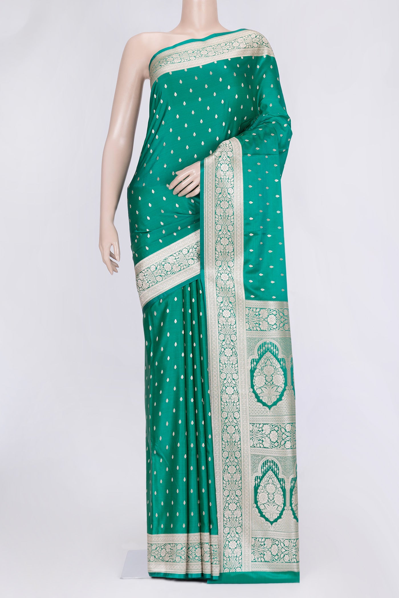 Green Dual Tone Blended Banarasi Silk Saree with Zari Butta on the body and Zari Border.  displayed on a mannequin