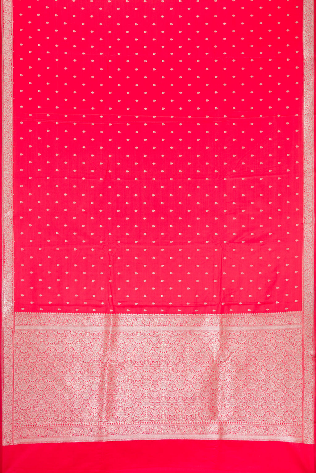 Flat view of Dark Pink Dual Tone Banarasi Silk Saree with Zari Butta on the body and Fancy Border. 