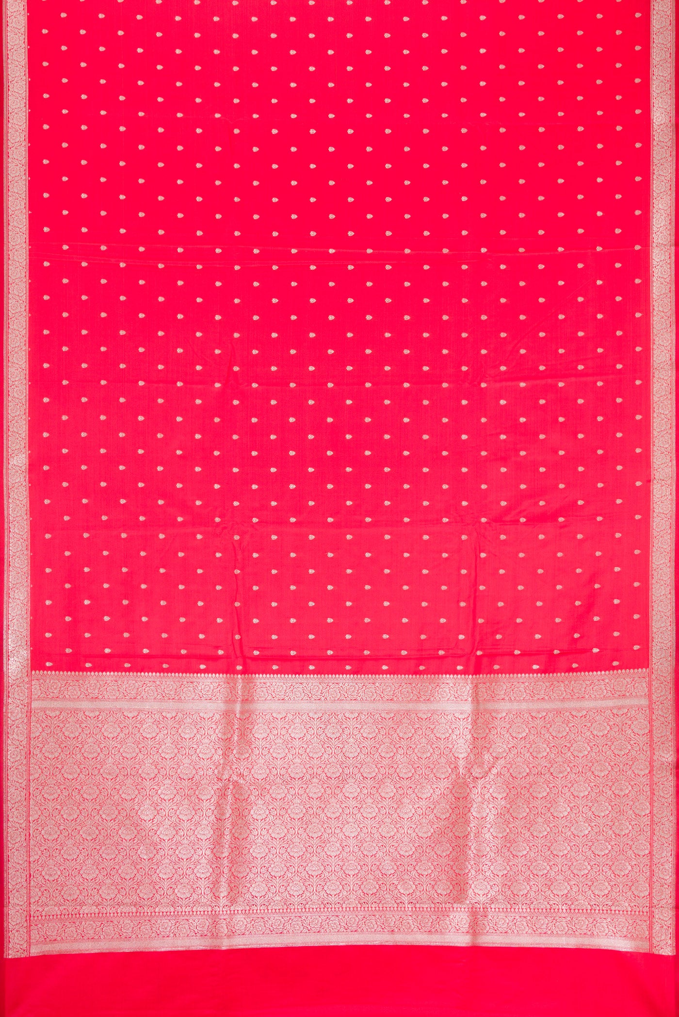 Flat view of Dark Pink Dual Tone Banarasi Silk Saree with Zari Butta on the body and Fancy Border. 