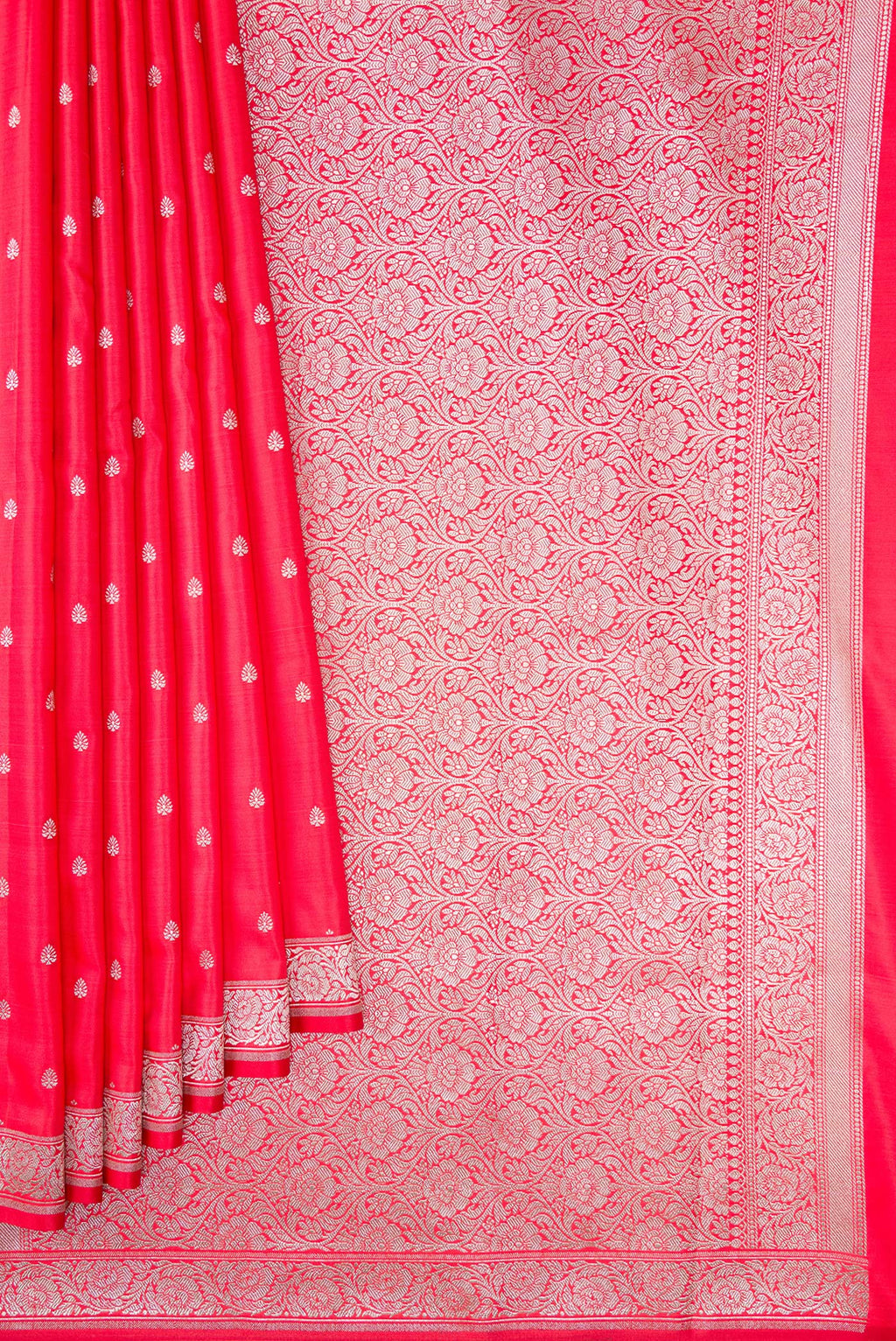 Pleats and pallu of Dark Pink Dual Tone Banarasi Silk Saree with Zari Butta on the body and Fancy Border. 