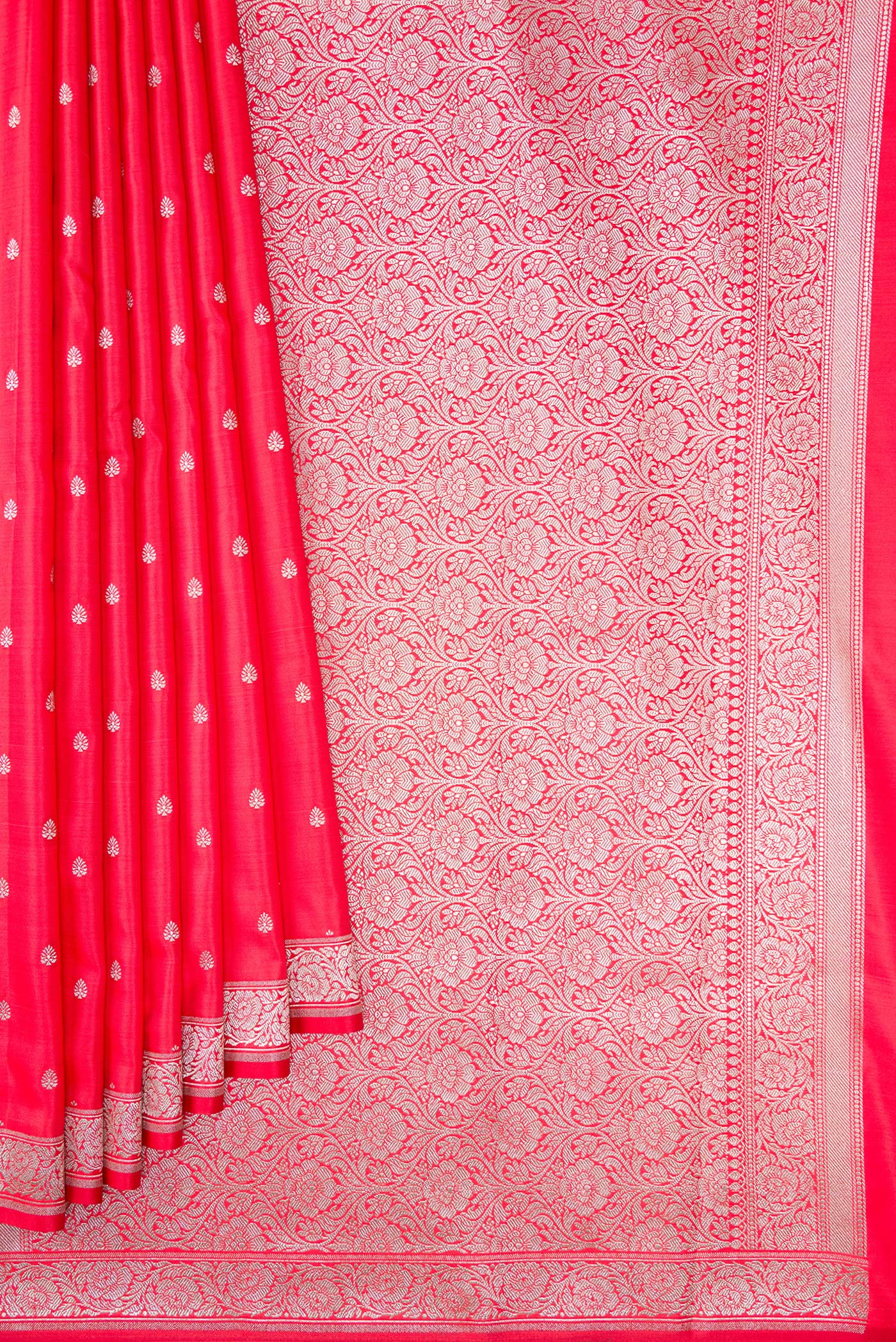 Pleats and pallu of Dark Pink Dual Tone Banarasi Silk Saree with Zari Butta on the body and Fancy Border. 