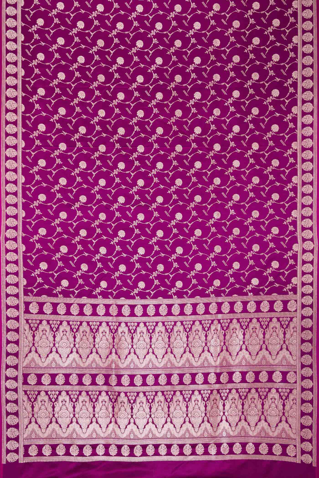 Flat view of Purple Dual Tone Blended Banarasi Silk Saree with Zari Brocade on the body and Zari Border. 