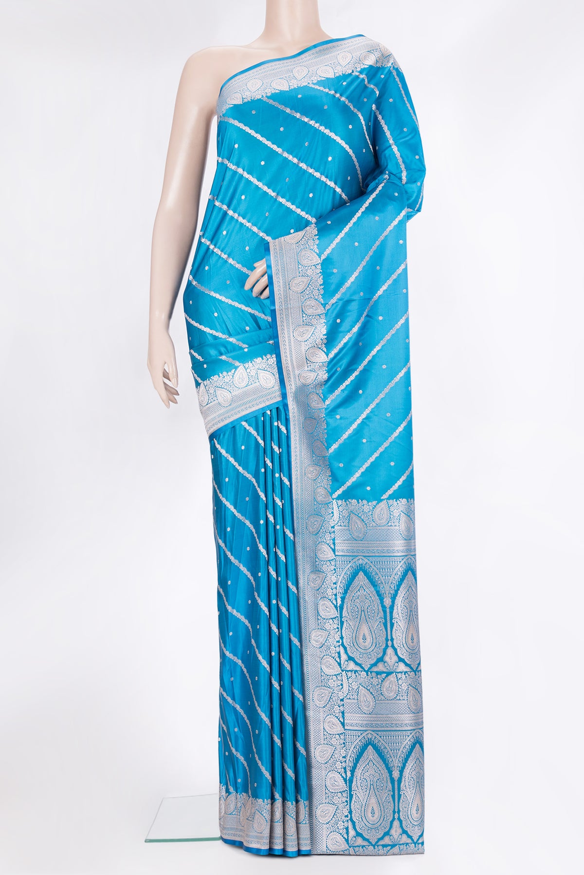 Sky Blue Blended Banarasi Silk Saree with Stripes on the body and Zari Border.  displayed on a mannequin