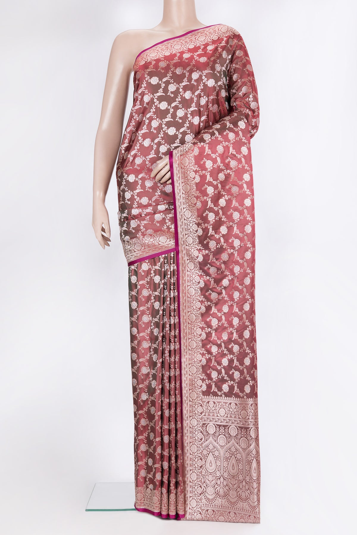 Green with Red Color Blended Banarasi Silk Saree with Zari Brocade on the body and Zari Border.  displayed on a mannequin