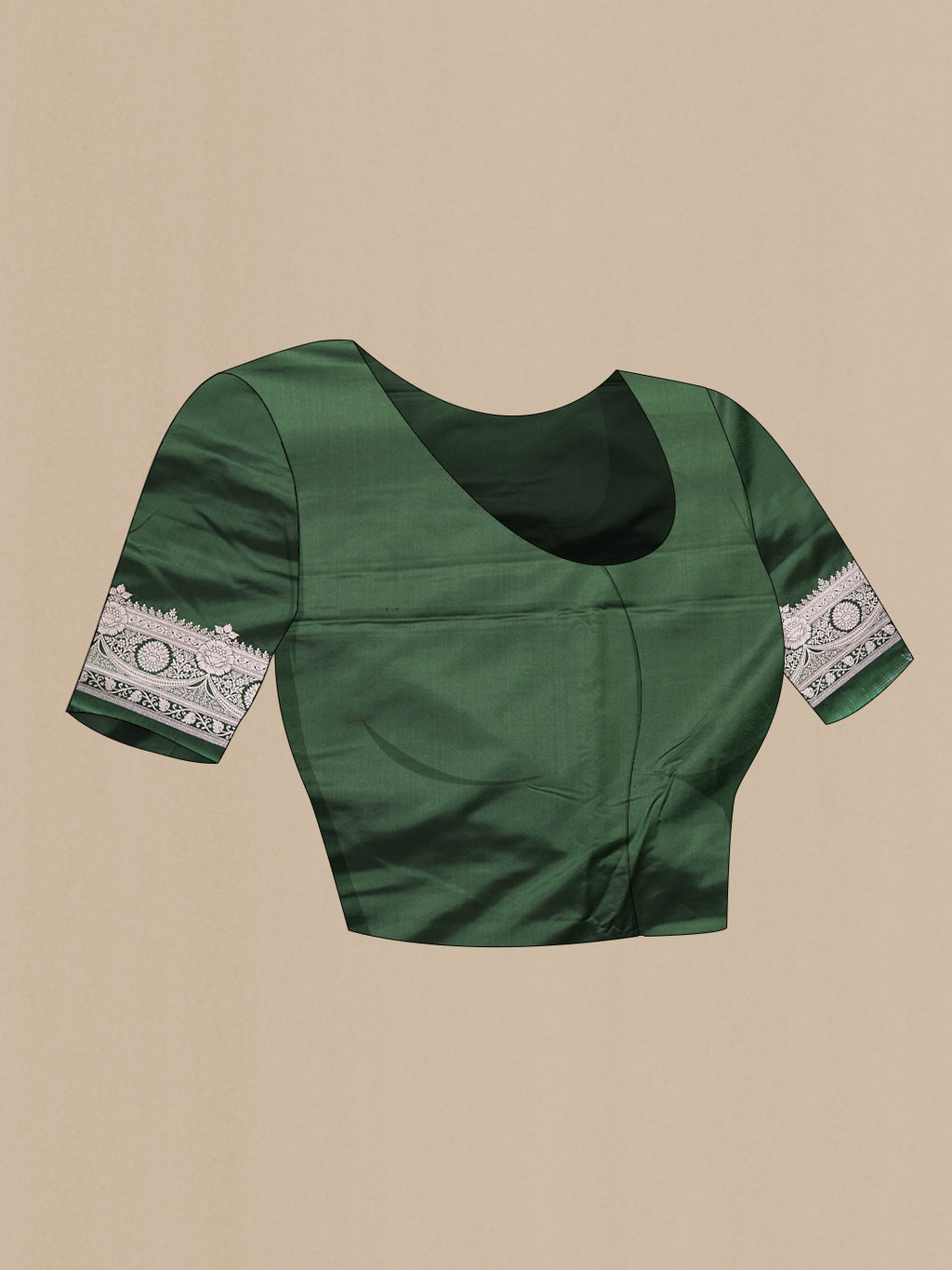 Close up image of the blouse of Bottle Green Dual Tone Banarasi Silk Saree with Zari Butta on the body and Zari Border. 