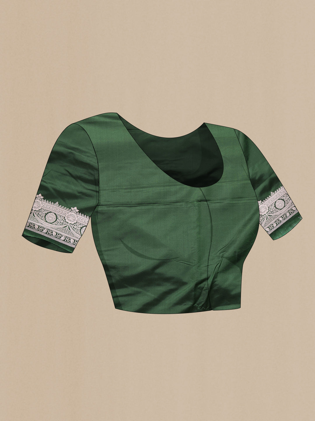 Close up image of the blouse of Bottle Green Dual Tone Banarasi Silk Saree with Zari Butta on the body and Zari Border. 